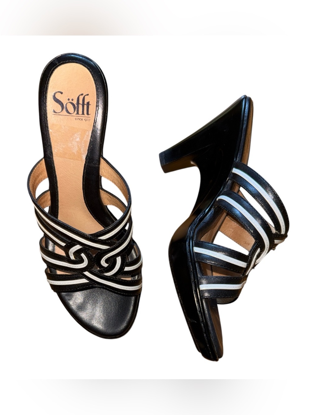 Söfft Leather Strappy Heeled Sandals Mules Platform Black White Women’s 7W